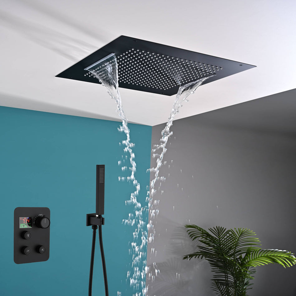 20" Flush Mount Rainfall Waterfall Shower Head with 3-Way Digital Thermostatic Faucet