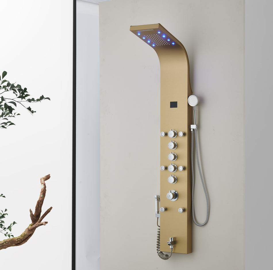 59'' Brushed Nickel or Brushed Gold or Oil Rubber Bronze LED Rain & Waterfall Massage Tower - Simultaneous and Independent Functionality