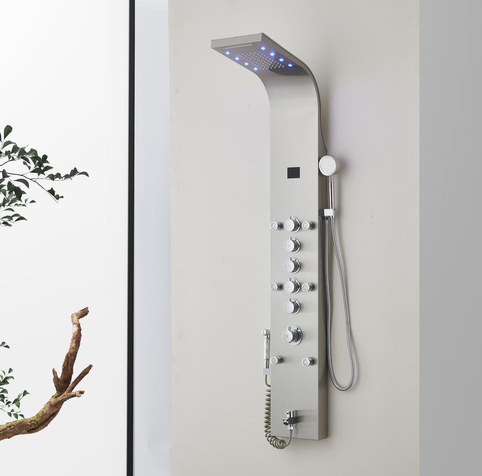 59'' Brushed Nickel or Brushed Gold or Oil Rubber Bronze LED Rain & Waterfall Massage Tower - Simultaneous and Independent Functionality