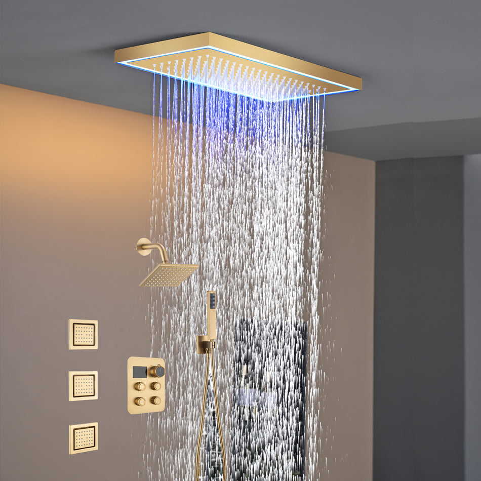 Matte black or Brushed nickel or Brushed Gold 16 x 8-Inch Rainfall Flush Mount Shower Head with 4-Way Digital Display Thermostatic Faucet, Body Jets, and High-Pressure Wall Mount Head