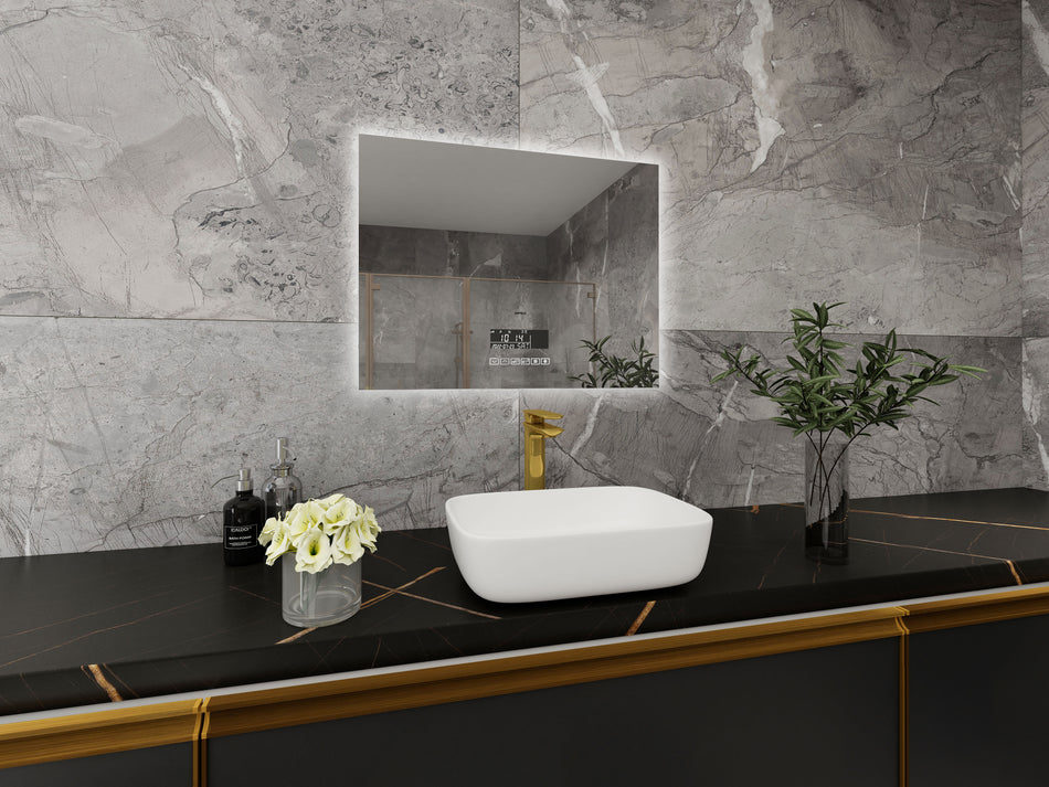 Smart Bluetooth Enabled Mirror: Featuring Temperature Display, Fog-Free Technology, LED Lighting, and Touch Sensor Makeup Functionality for an Elegant and Functional Wall Accent