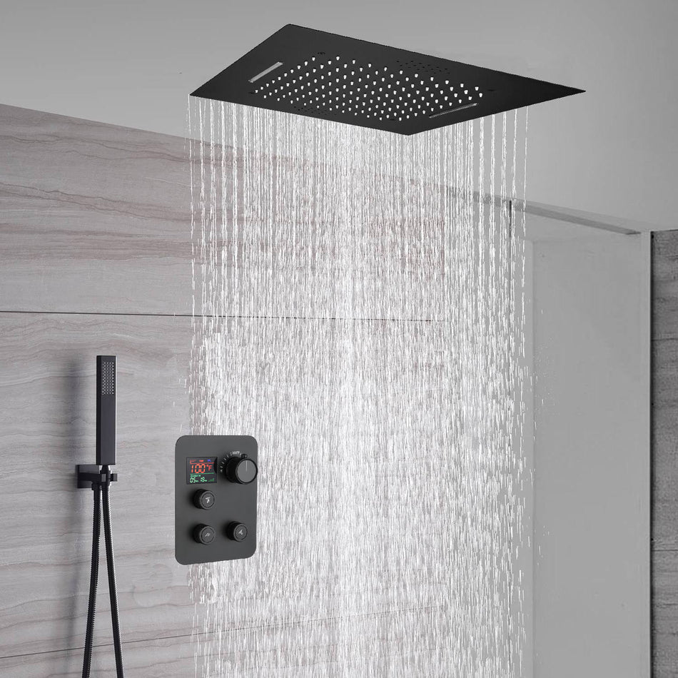 waterfall rainfall 20'' or 24 '' Flushed on ceiling matte Black 3 way thermostatic shower faucets