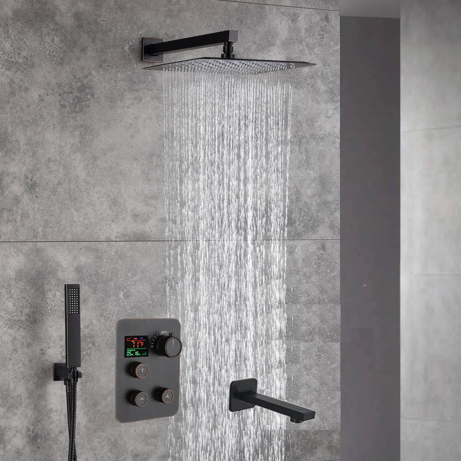 12-Inch Rainfall with our Wall-Mounted Oil Rubbed Bronze 3-Way Thermostatic Shower Faucet System: Simultaneous and Independent Functionality with Tub Spout,LED or Non-LED Options