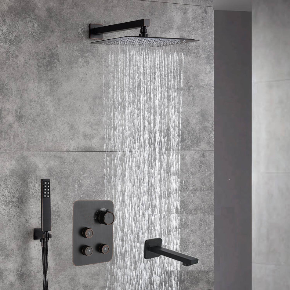 12-Inch Rainfall with our Wall-Mounted Oil Rubbed Bronze 3-Way Thermostatic Shower Faucet System: Simultaneous and Independent Functionality with Tub Spout,LED or Non-LED Options