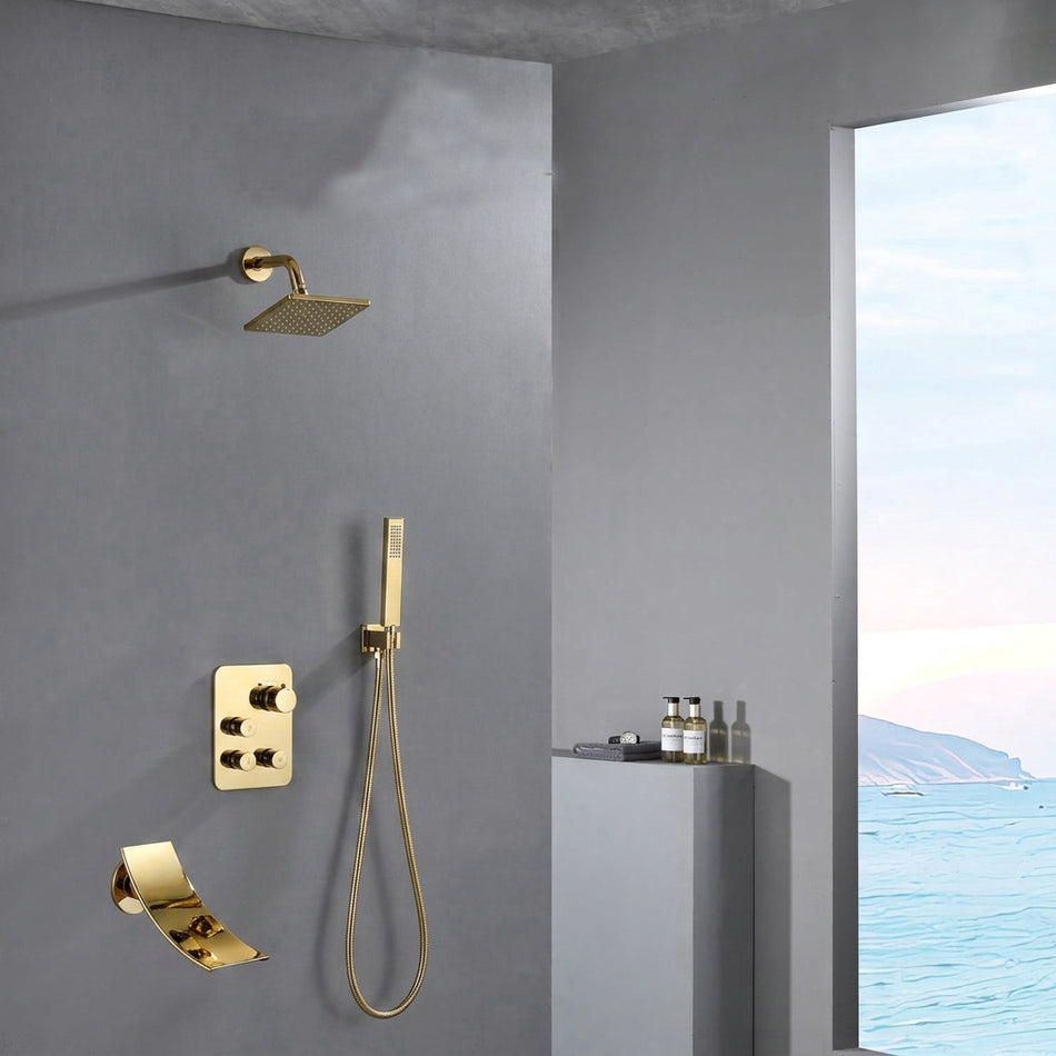6 Inch wall Mount regular head Polished Gold 3 way Shower System with tub spout