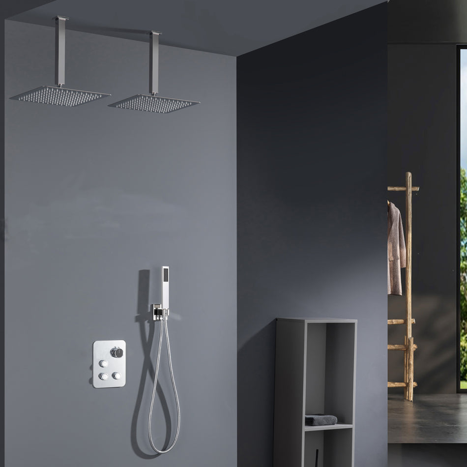 Brushed Gold Dual Ceiling & Wall Shower Heads with 3-Way Thermostatic Valve System - Seamless Functionality Both Together & Separately