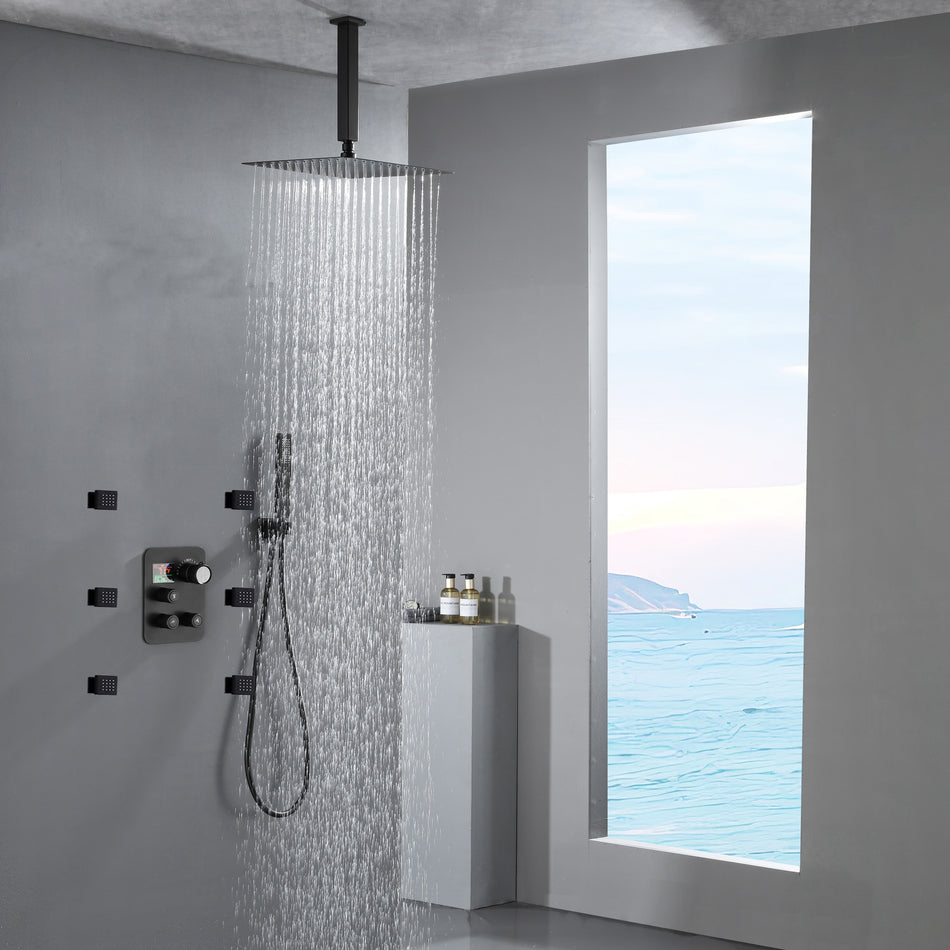 Matte Black 3-Way Thermostatic Shower System: 12'' or 16'' Rain Head, Optional LED, Simultaneous Function