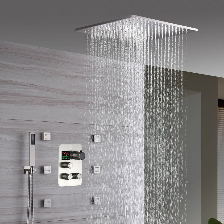 Brushed Nickel 3-Way Thermostatic Shower Faucet with Ceiling-Mounted 20'' or 24'' Head