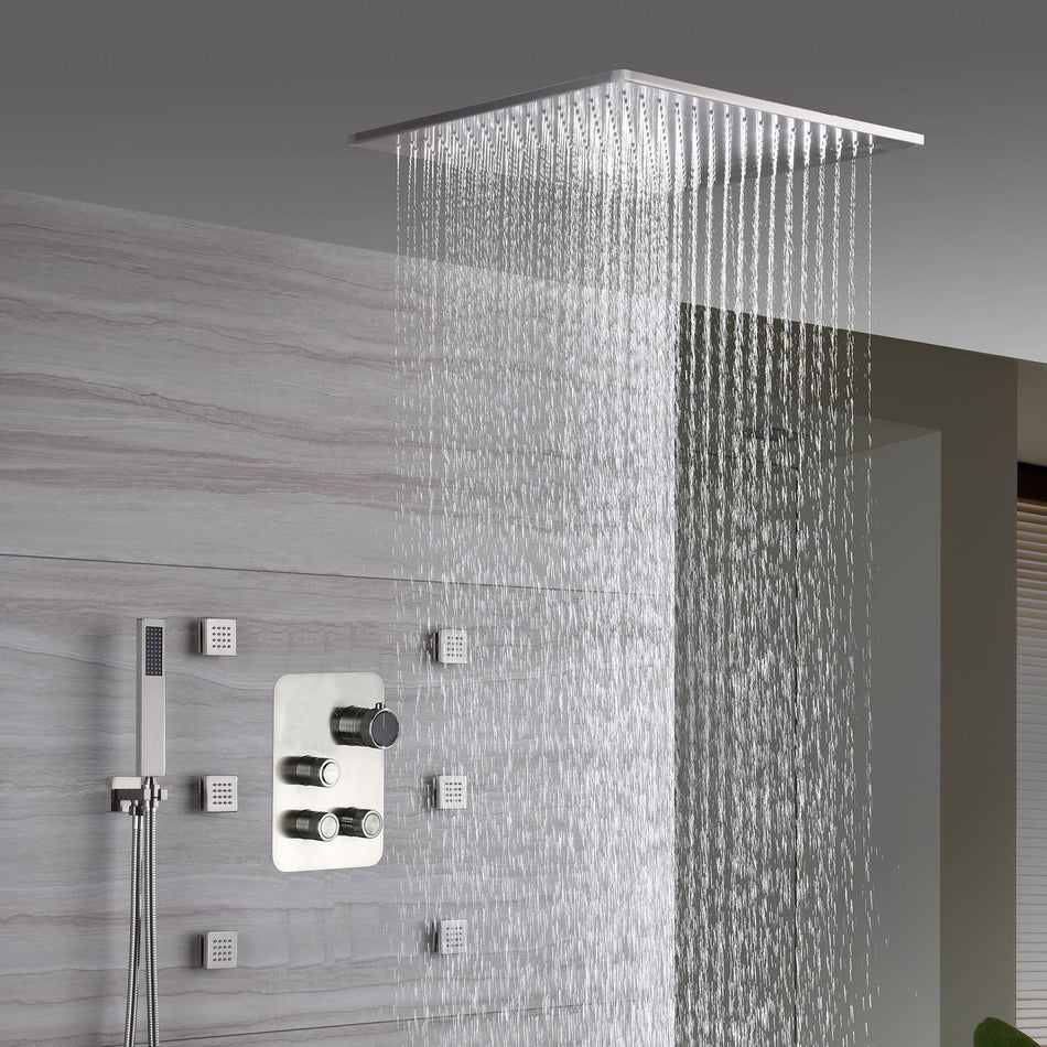Brushed Nickel 3-Way Thermostatic Shower Faucet with Ceiling-Mounted 20'' or 24'' Head
