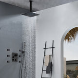 12'' or 16'' Ceiling-Mounted Oil Rubbed Bronze Shower Faucet System with 3-Way Thermostat - LED or Non-LED Options, Includes 6 Body Jets
