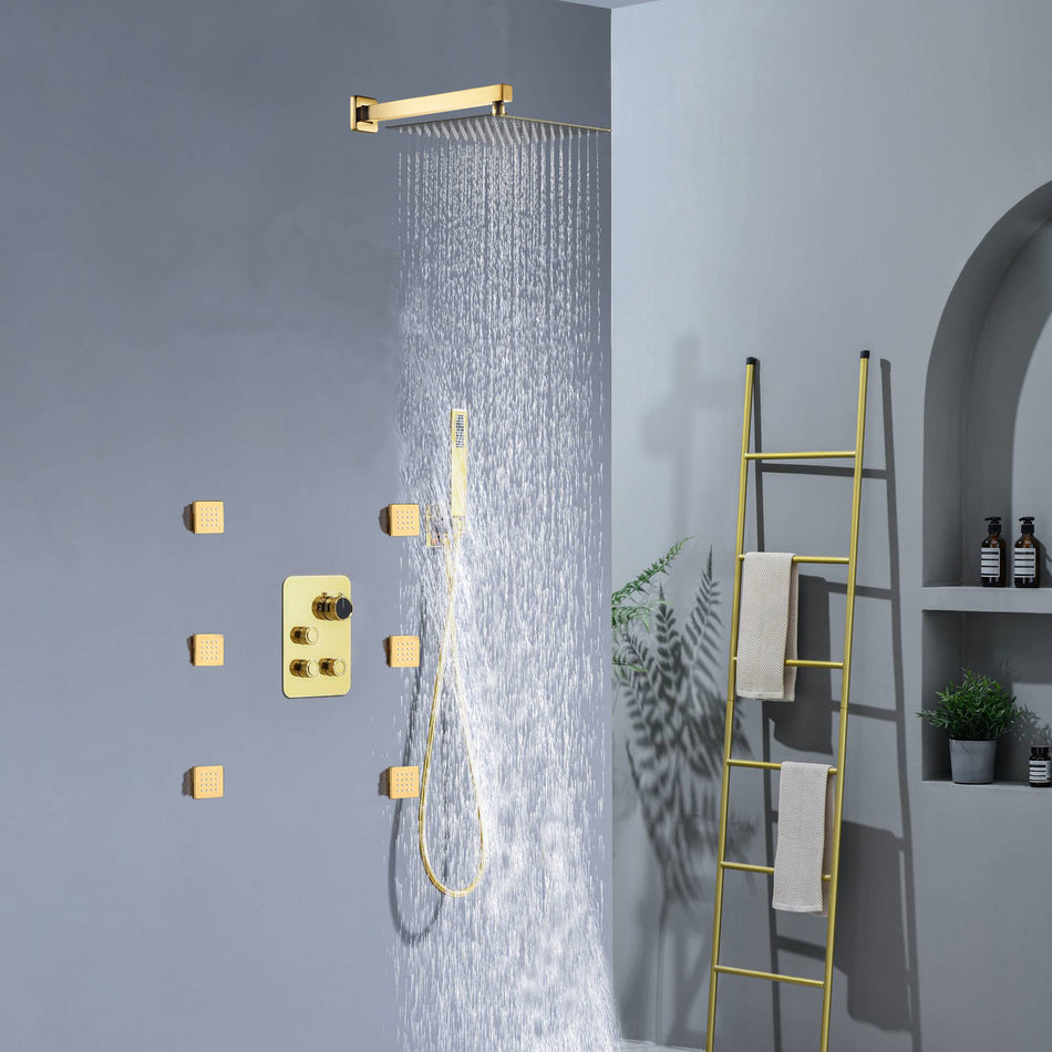 12-Inch or 16-Inch Wall-Mounted Polished Gold 3-Way Thermostatic Shower System with Optional LED Light - Multi-Function Simultaneous and Separate Operation