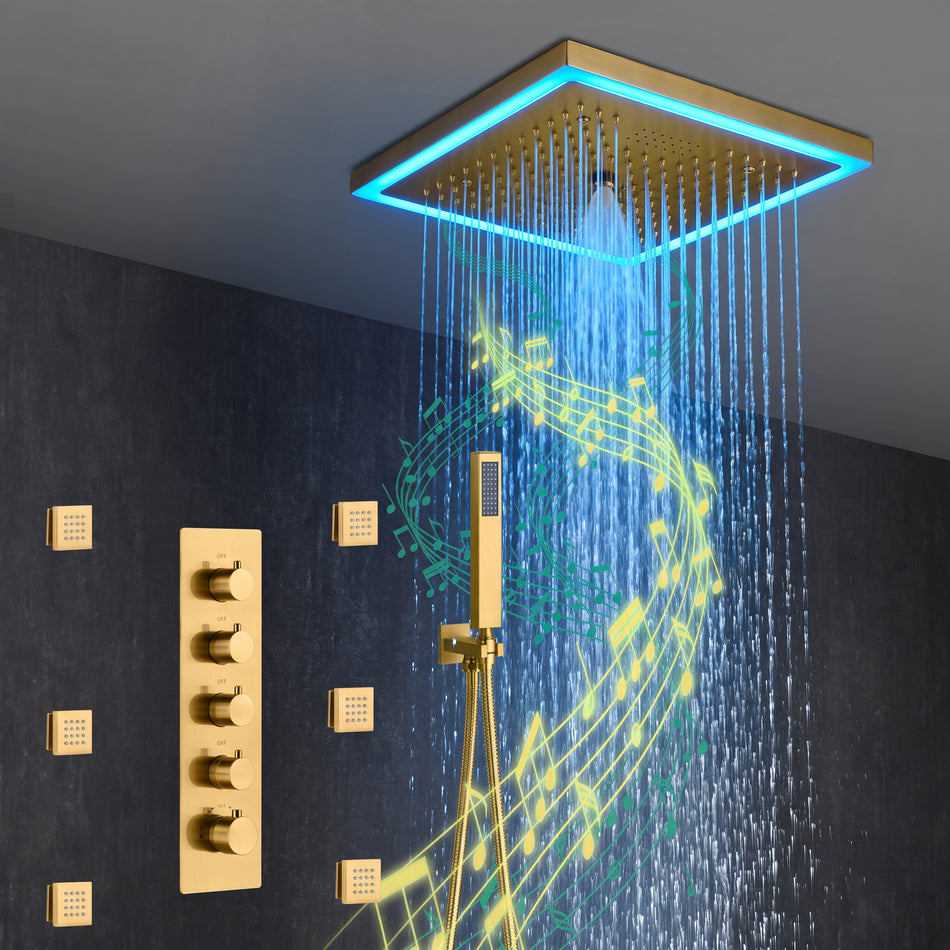 Flushed mount 12 inch 64 LED colors light Brushed gold Bluetooth Music 4 Way Thermostatic Shower Faucet with body sprayers