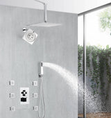 Chrome 4-Way Thermostatic Shower Faucet with 6'' Regular Head, 12'' or 16'' Rainfall Head, Body Jets, Optional LED Light