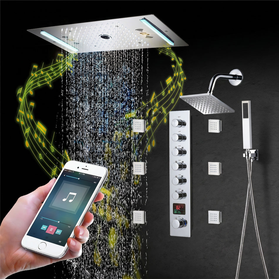 64 LED colors music led flushed in 24x12 inch 3 functions shower head 6 way thermostatic shower faucet with 6'' regular head and 6 body jets