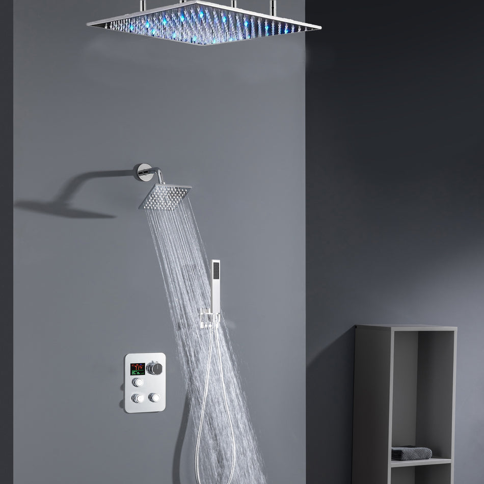 Chrome ceiling mount 20 inch or 24 inch rainfall shower head system 3 way thermostatic shower faucet with wall mount 6 inch high water pressure regular shower head