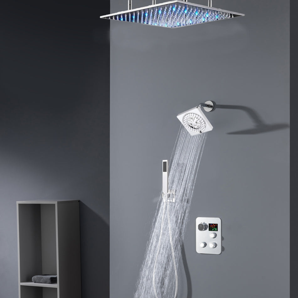 Chrome ceiling mount 20 inch or 24 inch rainfall shower head system 3 way thermostatic shower faucet with wall mount 6 inch high water pressure regular shower head