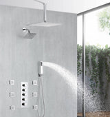 Chrome 4-Way Thermostatic Shower Faucet with 6'' Regular Head, 12'' or 16'' Rainfall Head, Body Jets, Optional LED Light