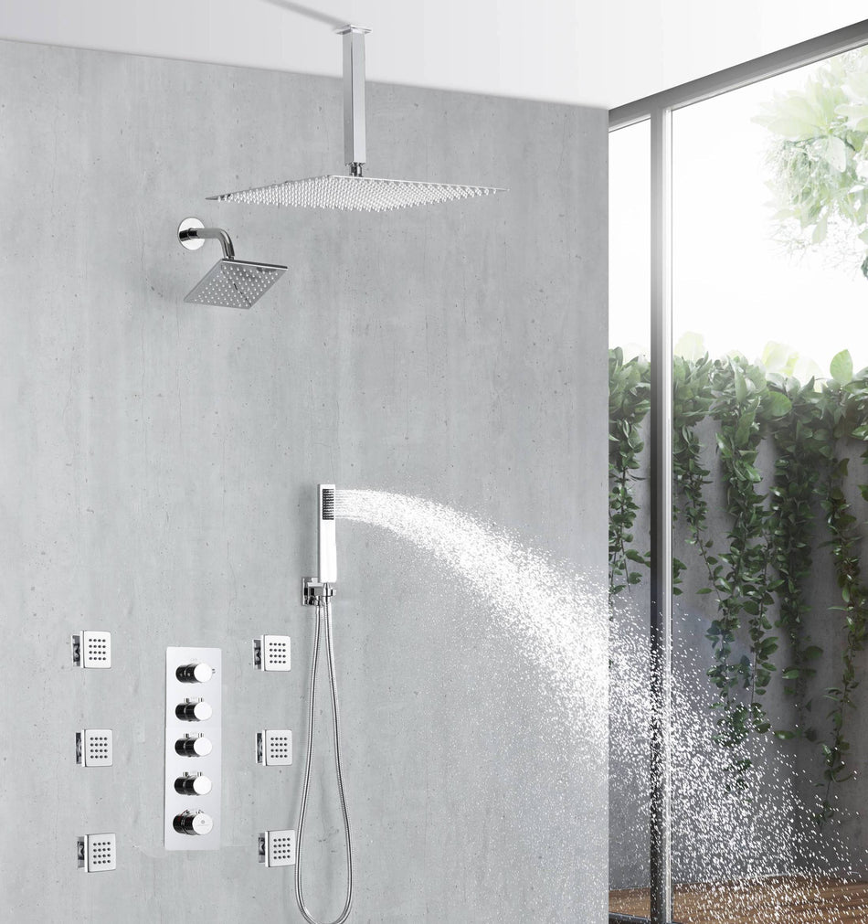 Chrome 4-Way Thermostatic Shower Faucet with 6'' Regular Head, 12'' or 16'' Rainfall Head, Body Jets, Optional LED Light