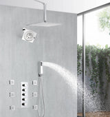 Chrome 4-Way Thermostatic Shower Faucet with 6'' Regular Head, 12'' or 16'' Rainfall Head, Body Jets, Optional LED Light