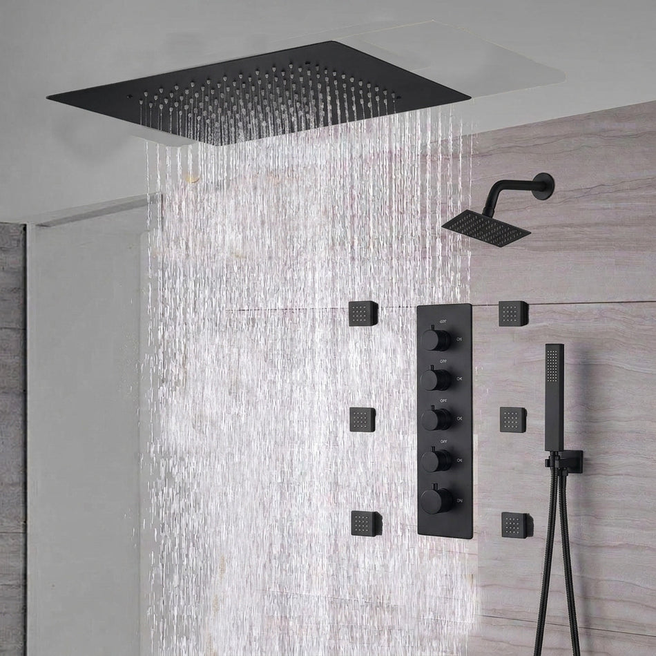 rainfall 24'' Flush mounted matte Black 4 way thermostatic shower faucets With regular head and body jets