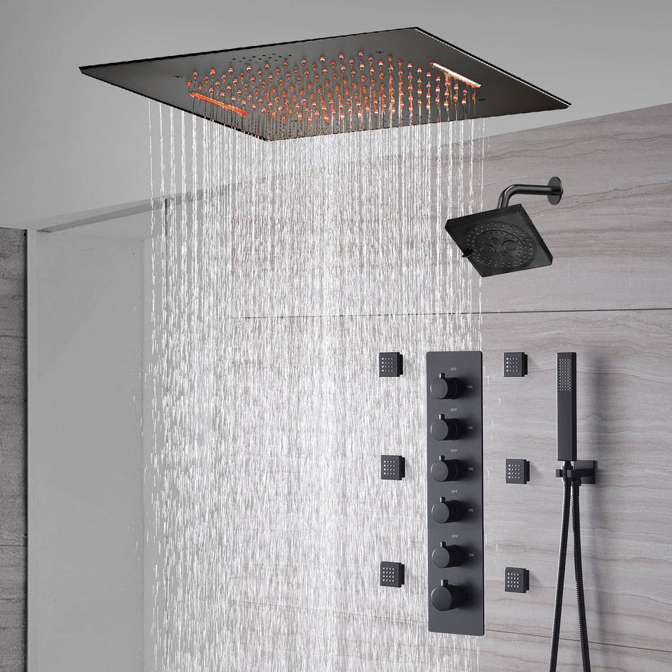 20-Inch or 24-Inch  Flush  Mount Rainfall Waterfall Shower System: Complete with 5-Way Thermostatic Valve and 6 Body Jets and Regular Head