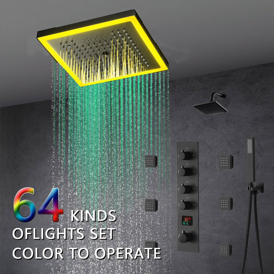 12-Inch Matte Black Flush Mount Shower Faucet Set with Digital Display: 4-Way Thermostatic Control, 64-Color LED Lights, Bluetooth Music, Body Sprayers and Regular Head