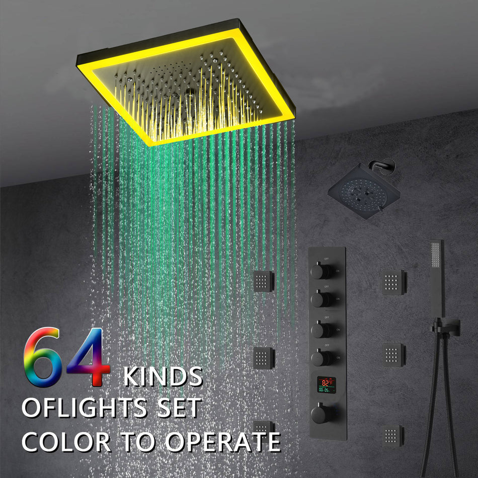 12-Inch Matte Black Flush Mount Shower Faucet Set with Digital Display: 4-Way Thermostatic Control, 64-Color LED Lights, Bluetooth Music, Body Sprayers and Regular Head