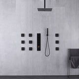Matte Black Rainfall Shower System: 12" or 16" with 5-Way Thermostatic Valve, 9 Body Jets