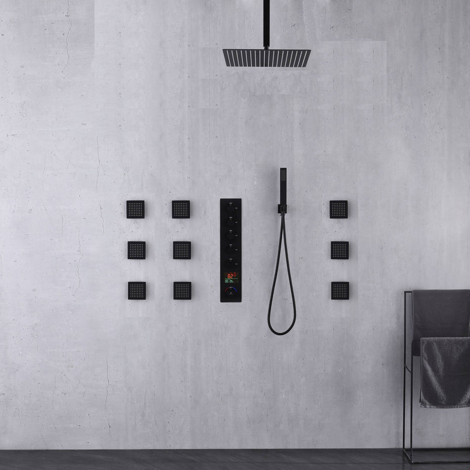 Matte Black Rainfall Shower System: 12" or 16" with 5-Way Thermostatic Valve, 9 Body Jets