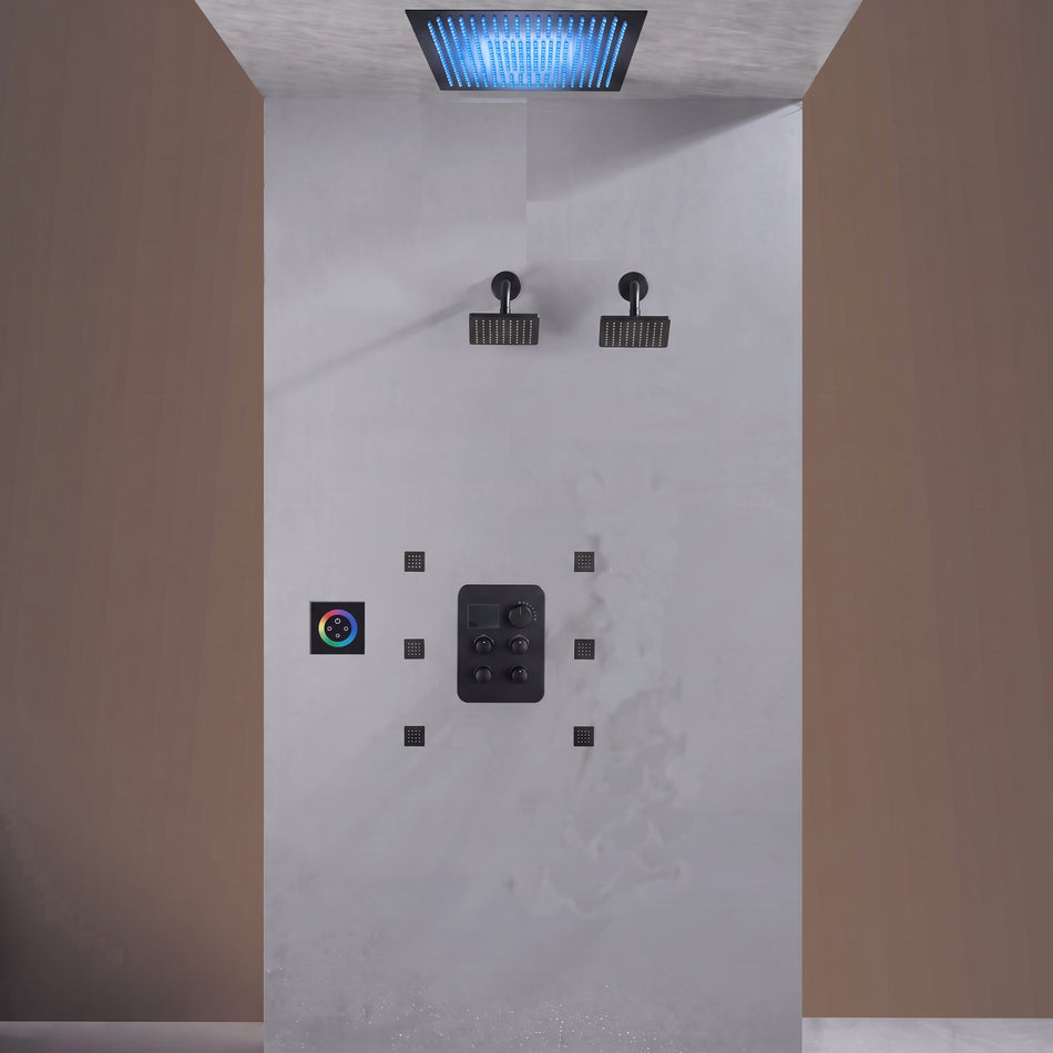 Flush Mount Shower Faucet Set with 4-Way Digital Thermostatic Control, 64-Color LED Lights ,Dual Regular Heads
