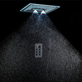 16-Inch Rainfall Waterfall Mist Water Column Flush Mount Shower Faucet Set with 6-Way Thermostatic Control, 64-Color LED, Bluetooth Music, Rainfall-Waterfall-Mist Features, Rotating Hydro Jet, and Regular Head
