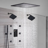 20-Inch Matte Black Flush or Ceiling Mount Rainfall Waterfall Shower System: Complete with 6-Way Thermostatic Valve and 6 Body Jets and Dual Regular Head