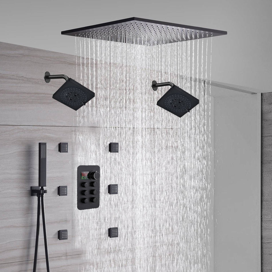 20-Inch Matte Black Flush or Ceiling Mount Rainfall Waterfall Shower System: Complete with 6-Way Thermostatic Valve and 6 Body Jets and Dual Regular Head