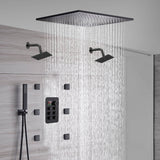 20-Inch Matte Black Flush or Ceiling Mount Rainfall Waterfall Shower System: Complete with 6-Way Thermostatic Valve and 6 Body Jets and Dual Regular Head
