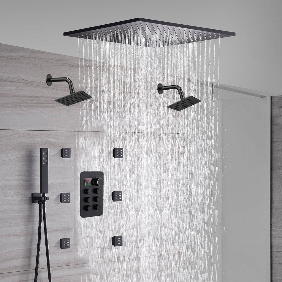 20-Inch Matte Black Flush or Ceiling Mount Rainfall Waterfall Shower System: Complete with 6-Way Thermostatic Valve and 6 Body Jets and Dual Regular Head