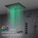 Flushed mount 12 inch  64 LED colors light Matte Black  Bluetooth Music 4 Way Thermostatic Shower Faucet with Tub Spout and Regular Head