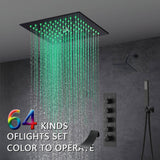 Flushed mount 12 inch  64 LED colors light Matte Black  Bluetooth Music 4 Way Thermostatic Shower Faucet with Tub Spout and Regular Head