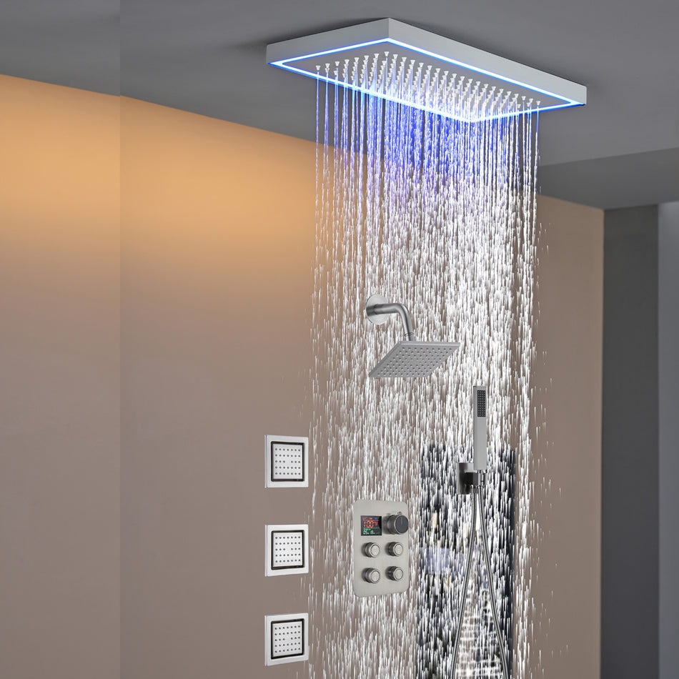 Matte black or Brushed nickel or Brushed Gold 16 x 8-Inch Rainfall Flush Mount Shower Head with 4-Way Digital Display Thermostatic Faucet, Body Jets, and High-Pressure Wall Mount Head