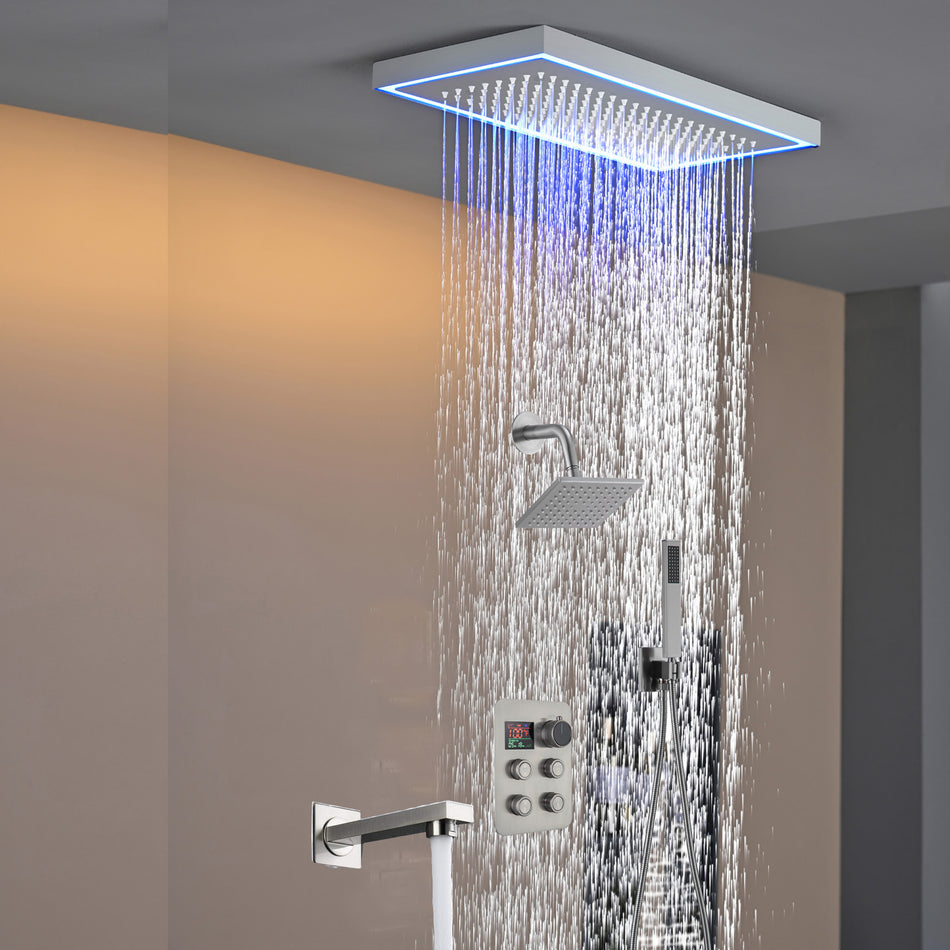 Matte black or Brushed nickel or Brushed Gold 16 x 8-Inch Rainfall Flush Mount Shower Head with 4-Way Digital Display Thermostatic Faucet, Tub Spout, and High-Pressure Wall Mount Head