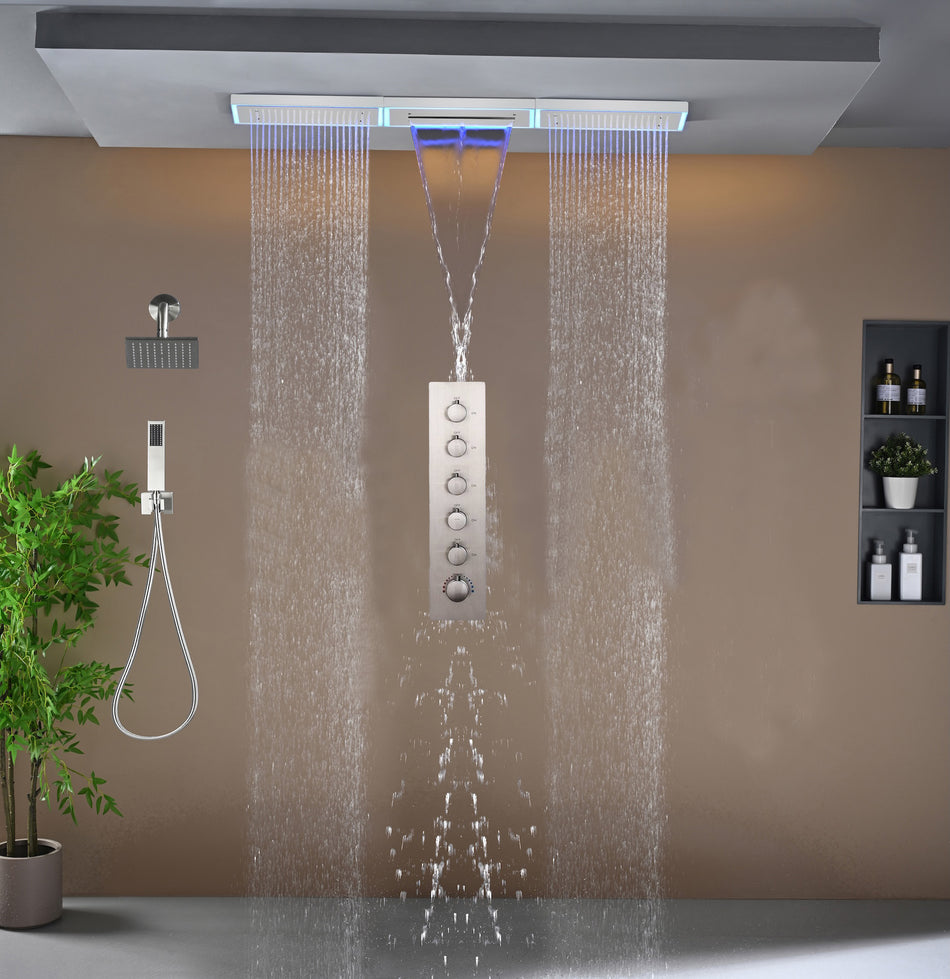 Flush Mount 48 x 8 inch Rainfall Waterfall 64 LED Light Shower Head with 5-Way Thermostatic Faucet and High-Pressure Wall Mount Regular Shower Head