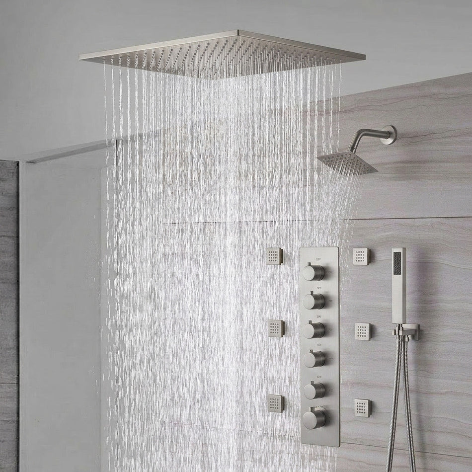 20-Inch  Ceiling Mount Rainfall Waterfall Shower System: Complete with 5-Way Thermostatic Valve and 6 Body Jets and Regular Head