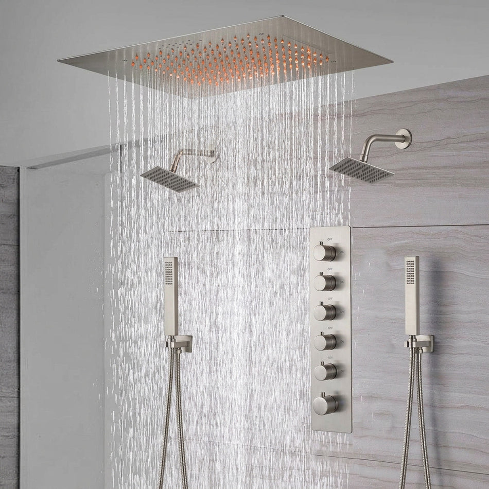 20-Inch Flush Mount Rainfall Shower System: Complete with 5-Way Thermostatic Valve  and Dual Regular Heads