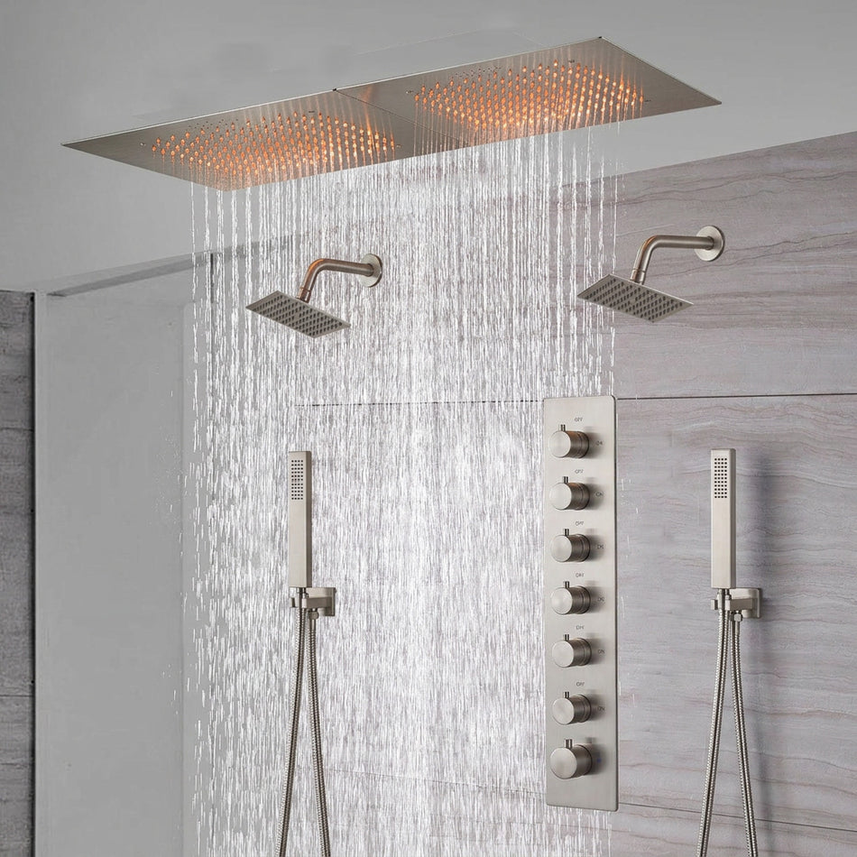 24x 48 Inch Matte Black Flush Mount Rainfall Shower System: Complete with 6-Way Thermostatic Valve and  Dual Regular Heads