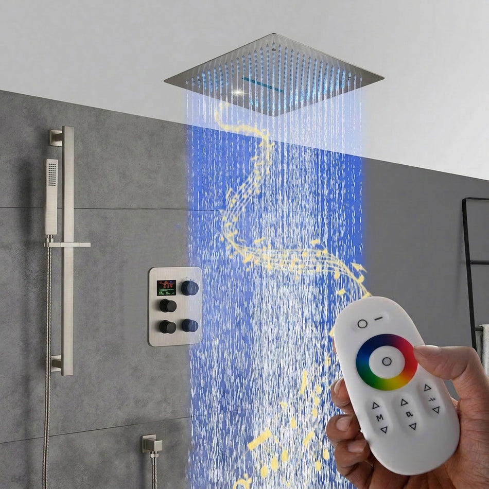 16-Inch Chrome Digital Thermostatic Shower Faucet: 3-Way Control, Flush-Mounted, 64-Color LED Shower Head and Sliding Bar Features