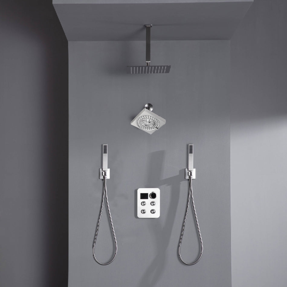 12" or 16" Ceiling Mount Rain Head with 4-Way Thermostatic Faucet and Dual Regular Heads
