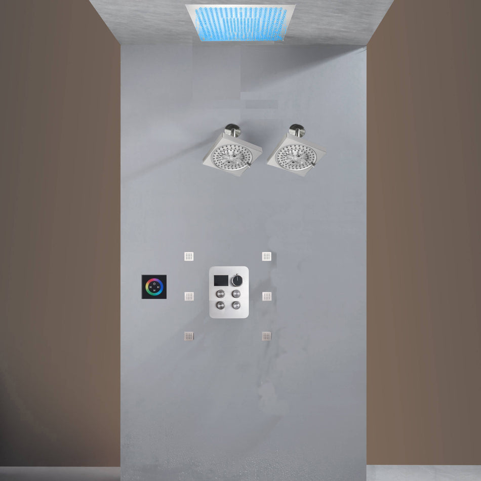 Flush Mount Shower Faucet Set with 4-Way Digital Thermostatic Control, 64-Color LED Lights ,Dual Regular Heads