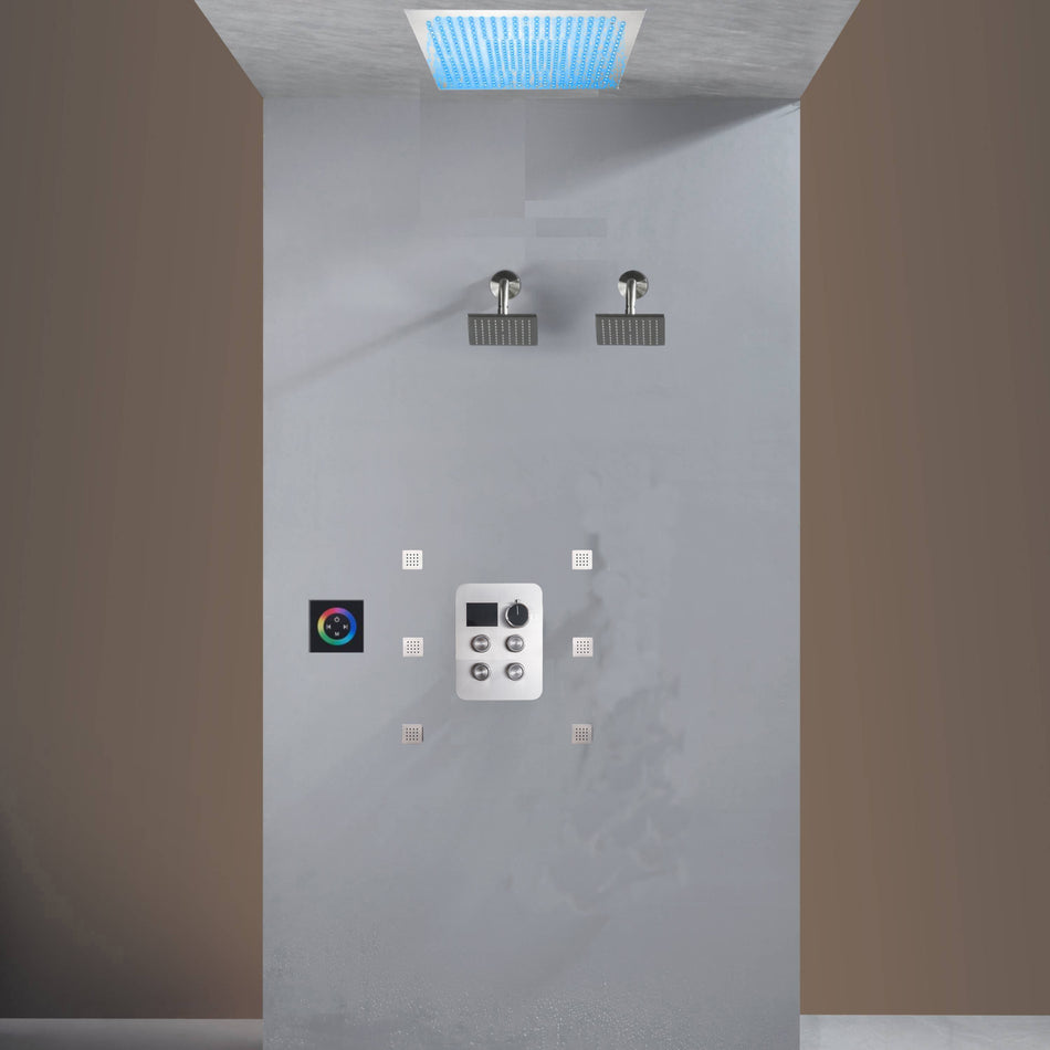 Flush Mount Shower Faucet Set with 4-Way Digital Thermostatic Control, 64-Color LED Lights ,Dual Regular Heads