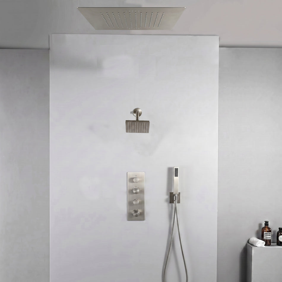 20 inch  flush mount Matte Black or Brushed Nickel 3 way thermostatic shower faucet with high pressure 6 '' head  and handle sprayer
