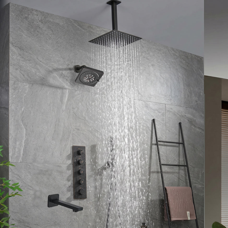 Oil Rubbed Bronze Ceiling Mount Rainfall Shower Head with 4-Way Thermostatic System, Tub Spout, and High Water Pressure Wall Mount Shower Head