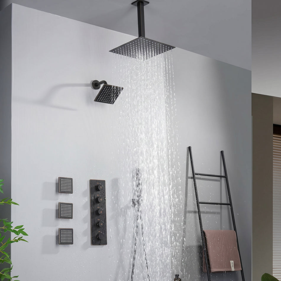 Oil Rubbed Bronze Ceiling Mount Rainfall Shower Head with 4-Way Thermostatic System, Body Jets, and High Water Pressure Wall Mount Shower Head